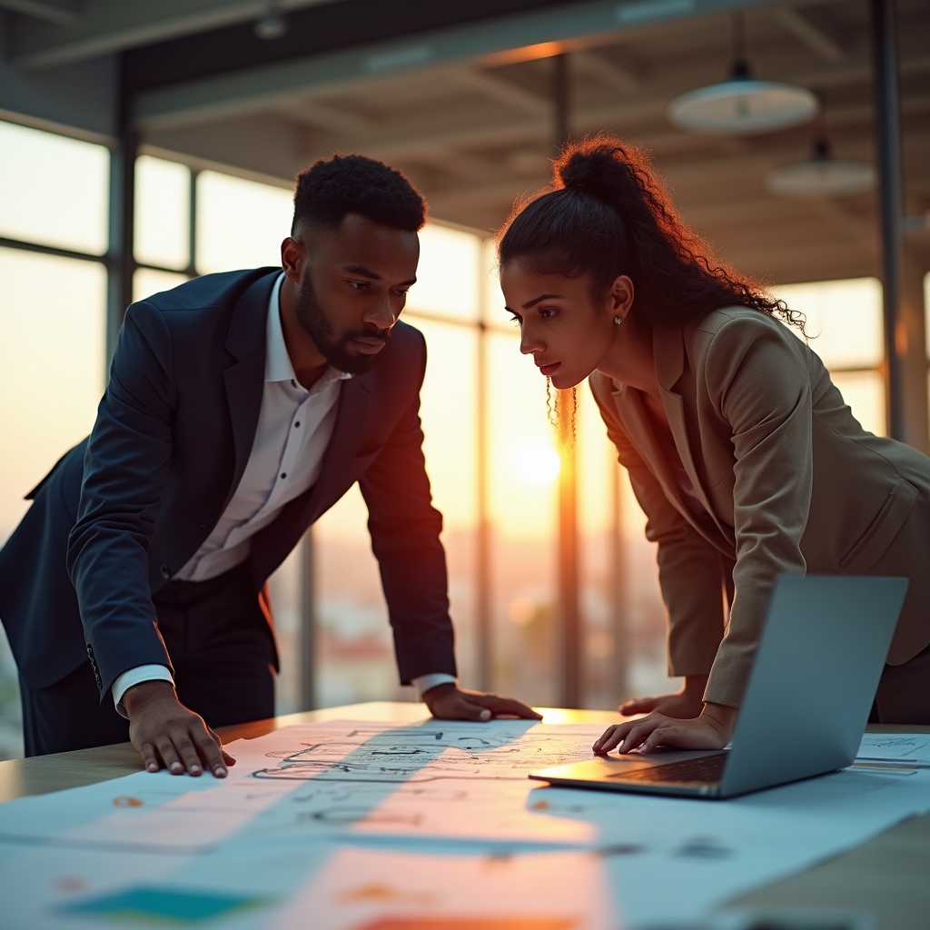 Personas revisando planos y hojas de cálculo sobre una mesa de trabajo