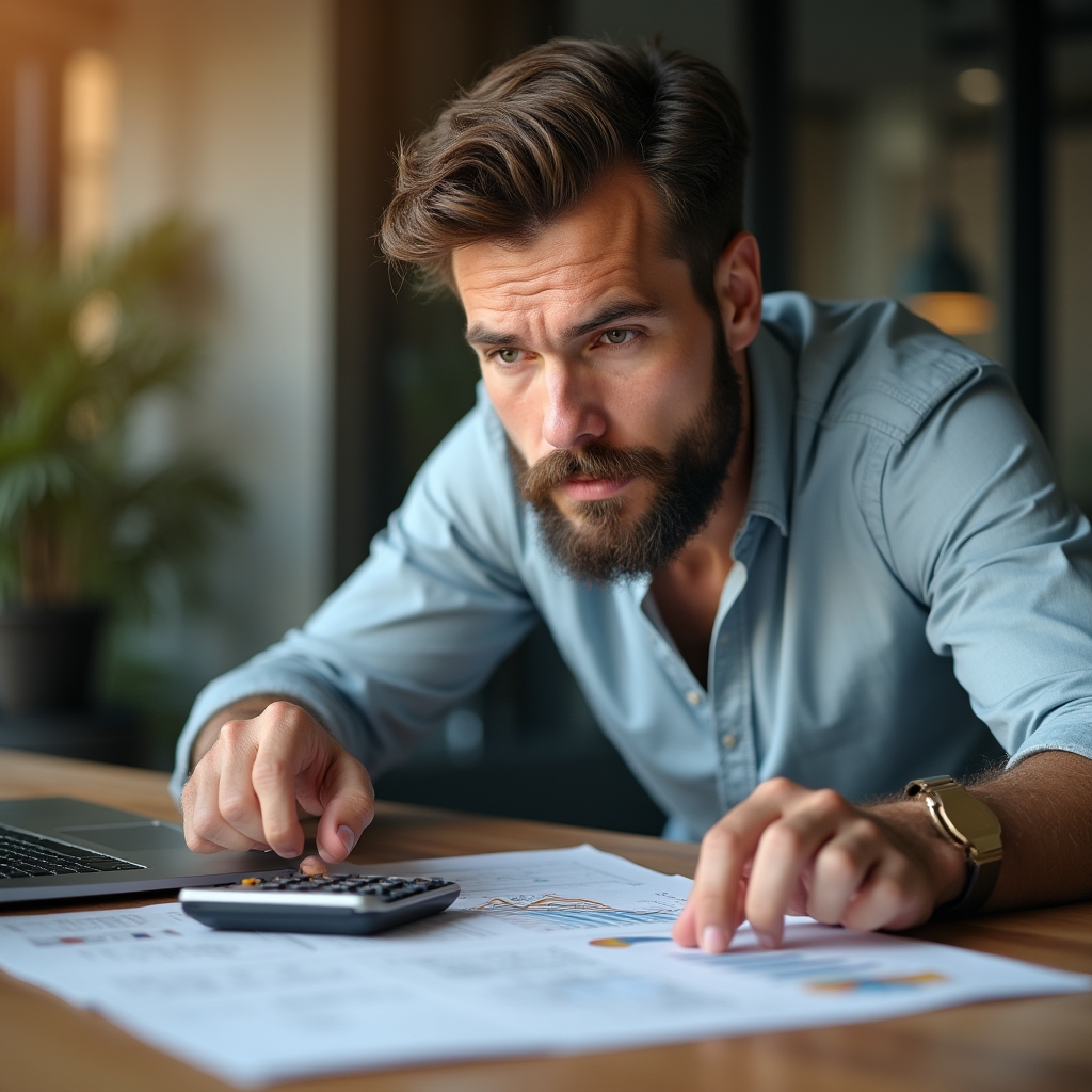 Persona revisando planos y cálculos financieros de un local de lavandería