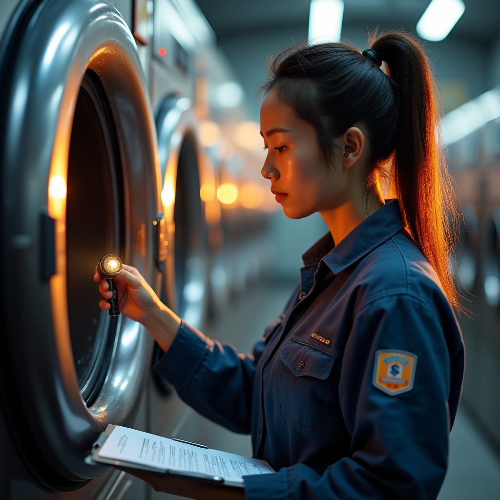 Técnico revisando el panel de control de una lavadora industrial